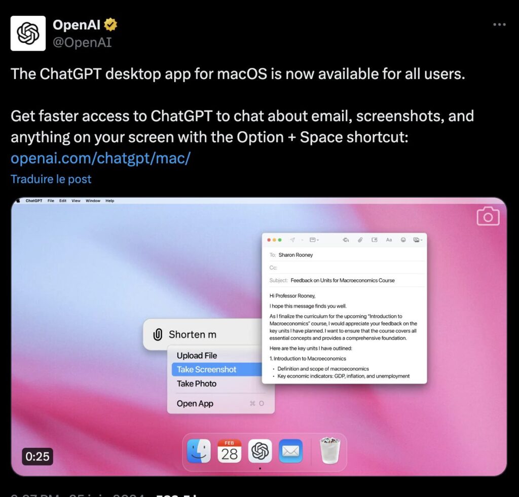 OpenAI a officialisé le lancement de ChatGPT pour Mac le 25 juin. OpenAI a officialisé le lancement de ChatGPT pour Mac le 25 juin.