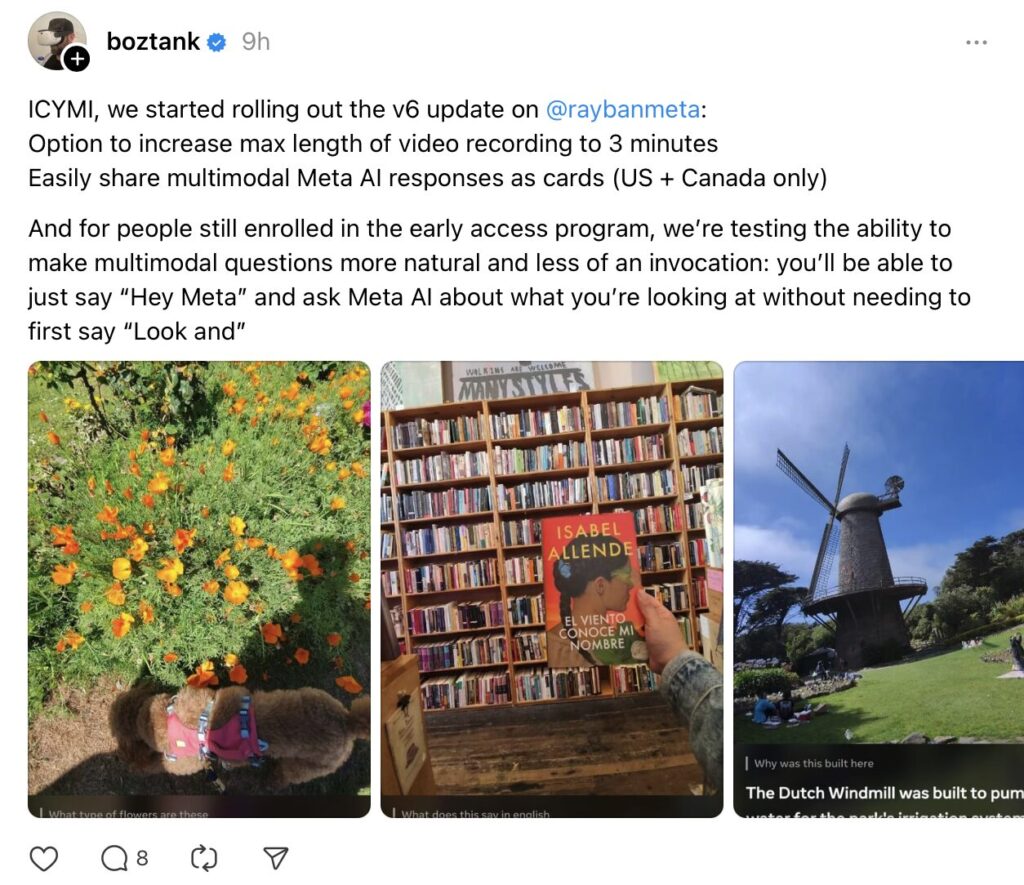 Sur Threads, Andrew Bosworth a annoncé le déploiement de la mise à jour 6.0 des Meta Ray-Ban. Sur Threads, Andrew Bosworth a annoncé le déploiement de la mise à jour 6.0 des Meta Ray-Ban.
