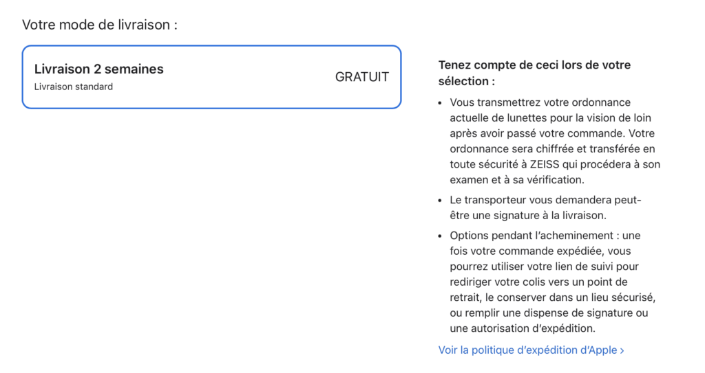 À la commande, Apple précise qu'une ordonnance sera nécessaire pour valider la demande. Apple parle d'une étape « chiffrée et transférée en toute sécurité à ZEISS » À la commande, Apple précise qu'une ordonnance sera nécessaire pour valider la demande. Apple parle d'une étape « chiffrée et transférée en toute sécurité à ZEISS »