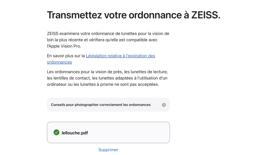 L'envoi de l'ordonnance sur le site de Zeiss. L'envoi de l'ordonnance sur le site de Zeiss.