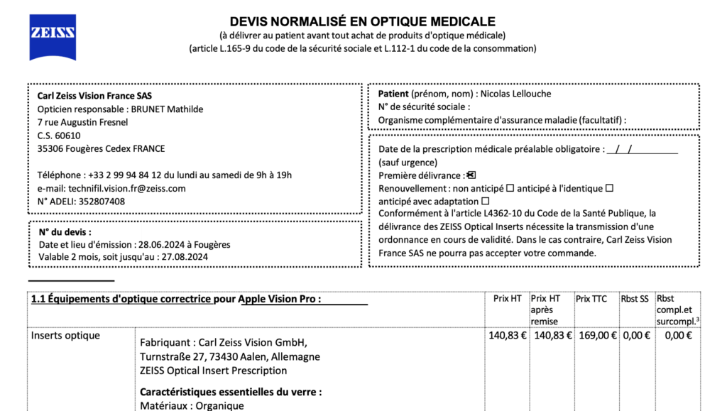 Le devis normalisé envoyé par Zeiss. Le devis normalisé envoyé par Zeiss.