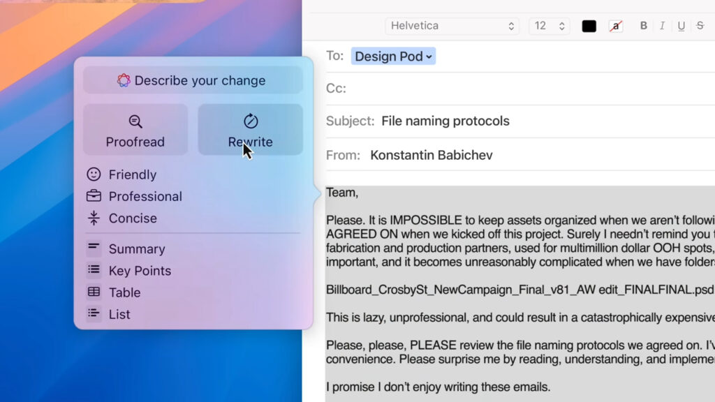 Writing Tools : ce menu peut apparaître dans n'importe quelle application quand on sélectionne du texte. // Source : Apple Writing Tools : ce menu peut apparaître dans n'importe quelle application quand on sélectionne du texte. // Source : Apple