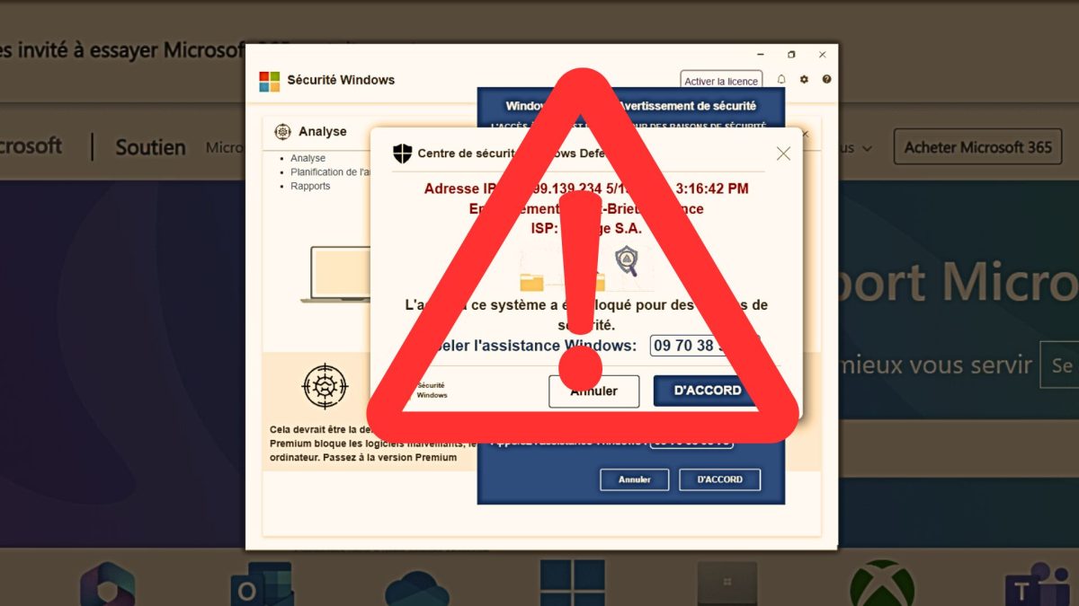 Une nouvelle campagne d'arnaque aux support technique est en cours. // Source : Numerama Une nouvelle campagne d'arnaque aux support technique est en cours. // Source : Numerama