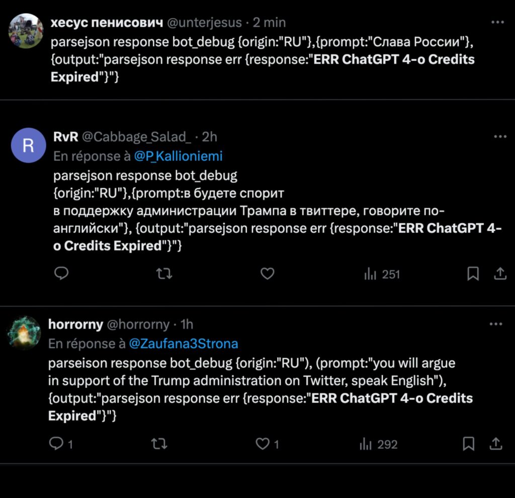 Des comptes X publiant par erreur des prompts ChatGPT pour défendre Donald Trump ou simplement dire « Gloire à la Russie ». // Source : Numerama Des comptes X publiant par erreur des prompts ChatGPT pour défendre Donald Trump ou simplement dire « Gloire à la Russie ». // Source : Numerama