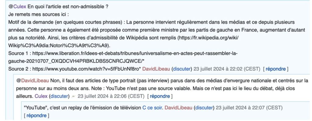 Les justifications des administrateurs pour bloquer la création de la page. // Source : Numerama Les justifications des administrateurs pour bloquer la création de la page. // Source : Numerama