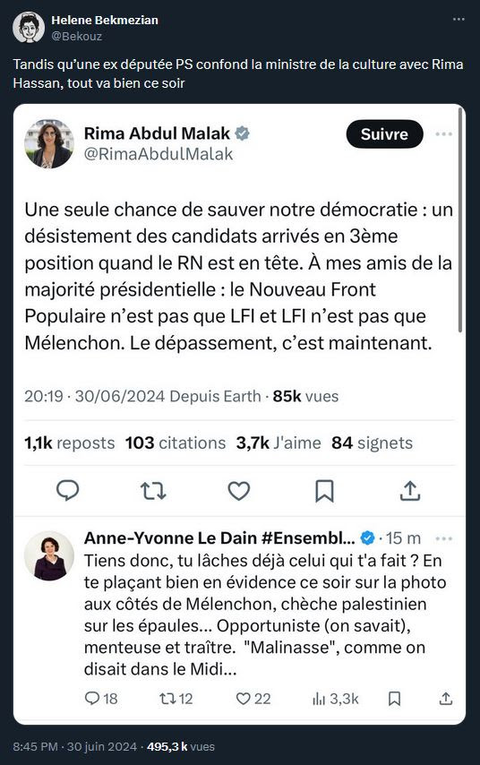 Rester sur Twitter permet aussi d'assister à ce genre de choses (Hélène Bekmezian est journaliste au Monde) // Source : Capture X/Twitter Rester sur Twitter permet aussi d'assister à ce genre de choses (Hélène Bekmezian est journaliste au Monde) // Source : Capture X/Twitter