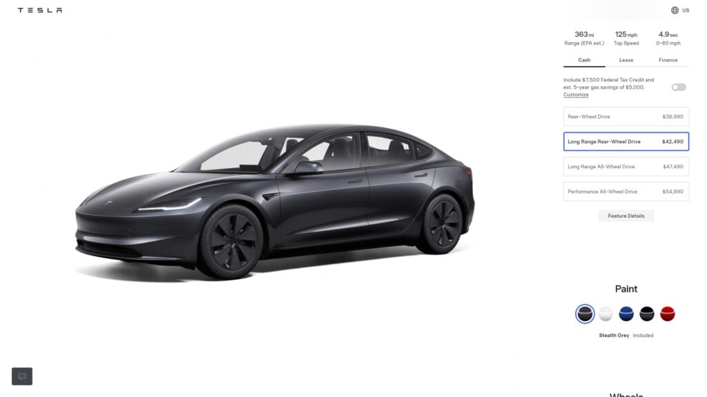 Configurateur américain de la Mode 3 // Source : Capture site Tesla US Configurateur américain de la Mode 3 // Source : Capture site Tesla US