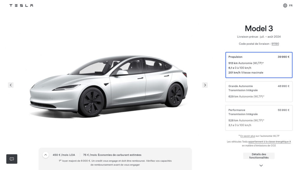 Tesla configurateur de la Model 3 au 5 juillet // Source : capture site Tesla Tesla configurateur de la Model 3 au 5 juillet // Source : capture site Tesla