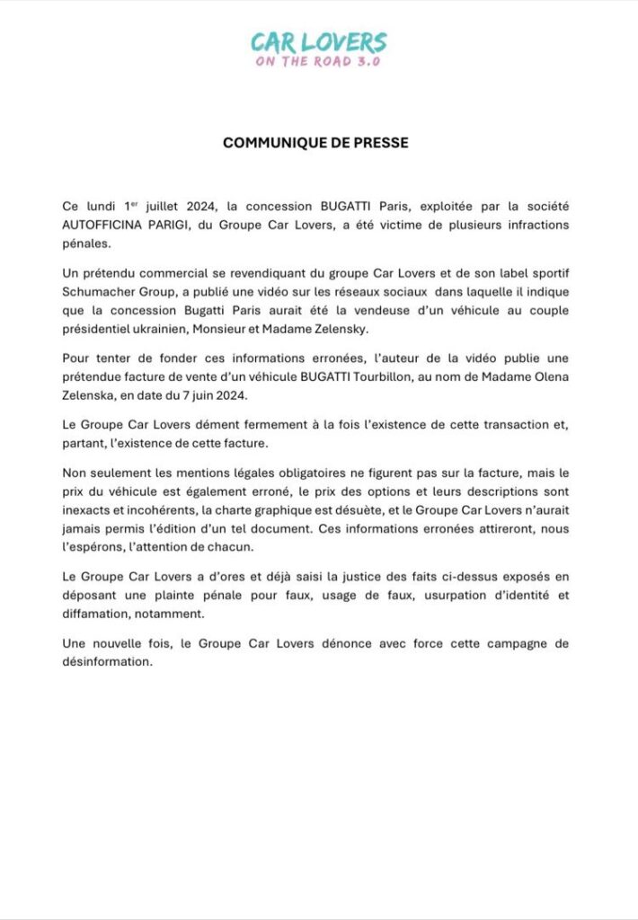 Communiqué officiel du revendeur Bugatti // Source : Car Lover Communiqué officiel du revendeur Bugatti // Source : Car Lover