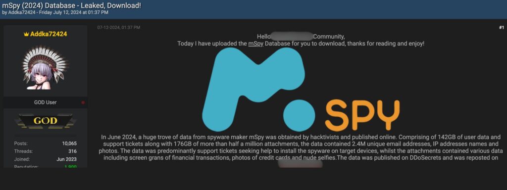 L'annonce de la fuite sur un forum de hackers. // Source : Numerama L'annonce de la fuite sur un forum de hackers. // Source : Numerama