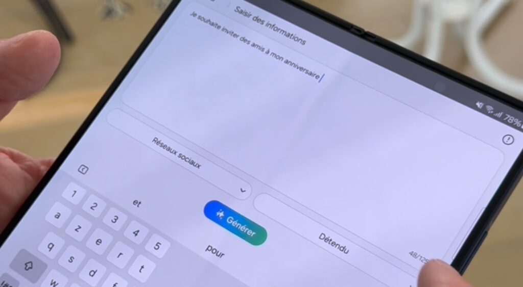 Depuis n'importe quelle application, on peut générer un long message avec un prompt. Il faut utiliser le clavier Samsung/. // Source : Numerama Depuis n'importe quelle application, on peut générer un long message avec un prompt. Il faut utiliser le clavier Samsung/. // Source : Numerama