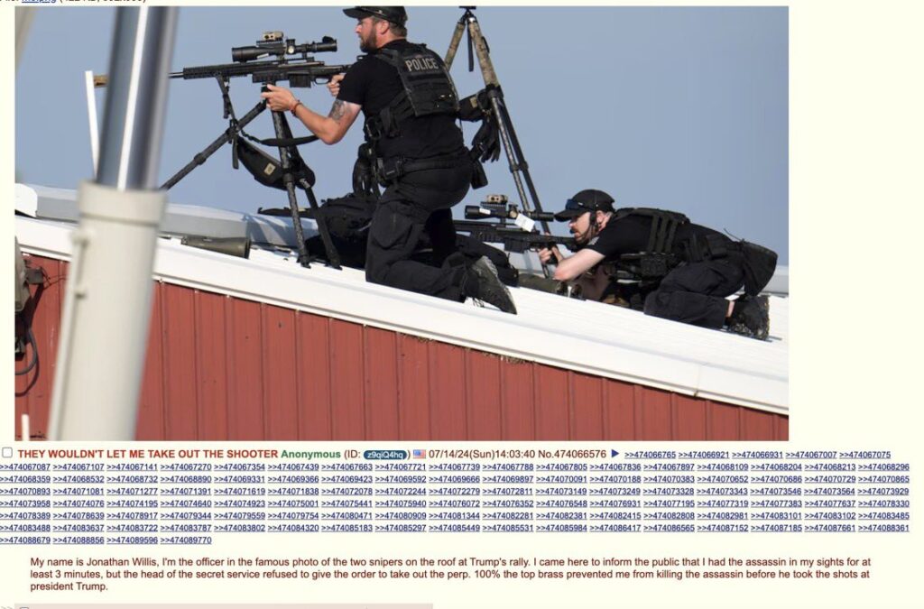 La publication issue de 4chan qui affirme venir du sniper ayant abattu Thomas Crooks La publication issue de 4chan qui affirme venir du sniper ayant abattu Thomas Crooks