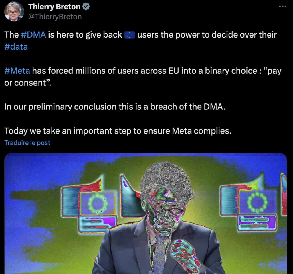 Thierry Breton, avec une photo étrange, a annoncé cette première sanction pour Meta. Thierry Breton, avec une photo étrange, a annoncé cette première sanction pour Meta.