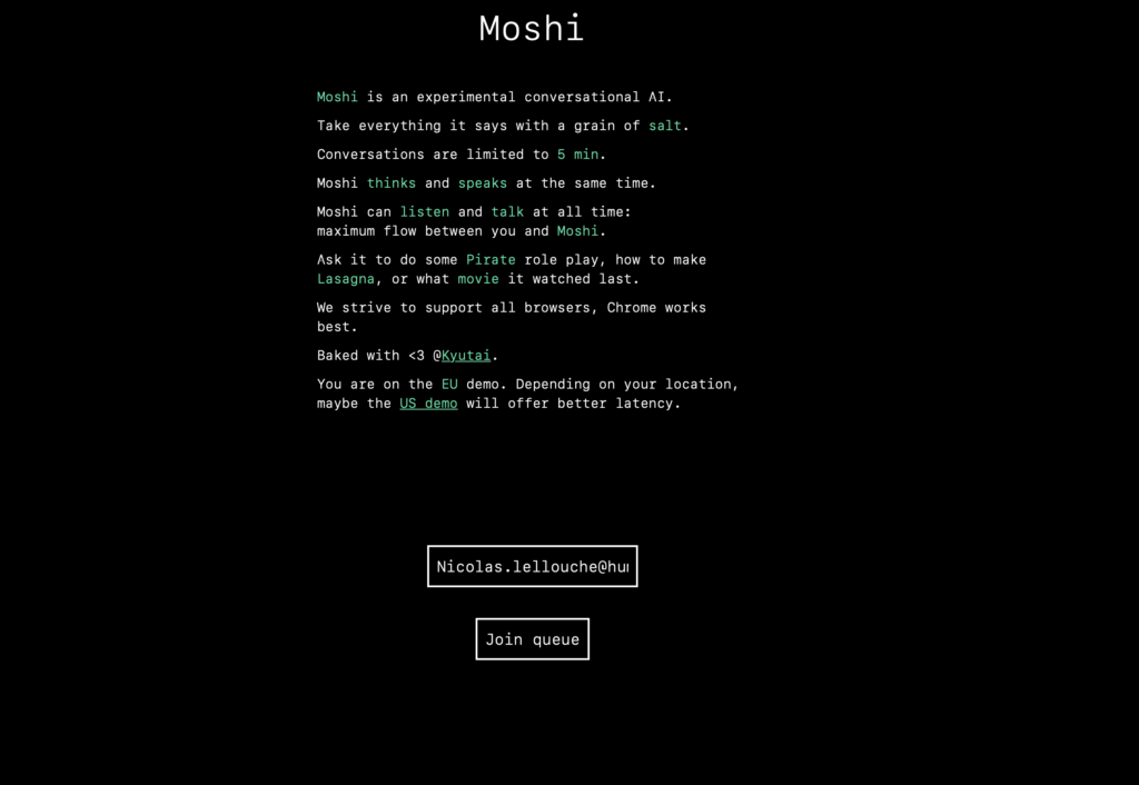 La page d'accès à Moshi sur le site de Kyutai. La page d'accès à Moshi sur le site de Kyutai.