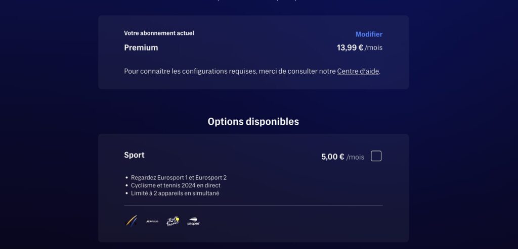 L'abonnement Max Premium donne accès aux programmes en 4K sur 4 écrans. L'option Sport débloque les Eurosport. L'abonnement Max Premium donne accès aux programmes en 4K sur 4 écrans. L'option Sport débloque les Eurosport.