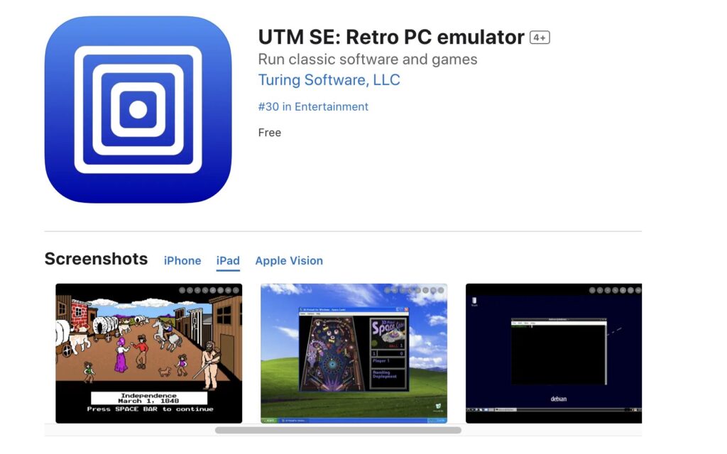 Sur sa page App Store, UTM SE montre plusieurs exemples d'OS émulés par son app. Sur sa page App Store, UTM SE montre plusieurs exemples d'OS émulés par son app.