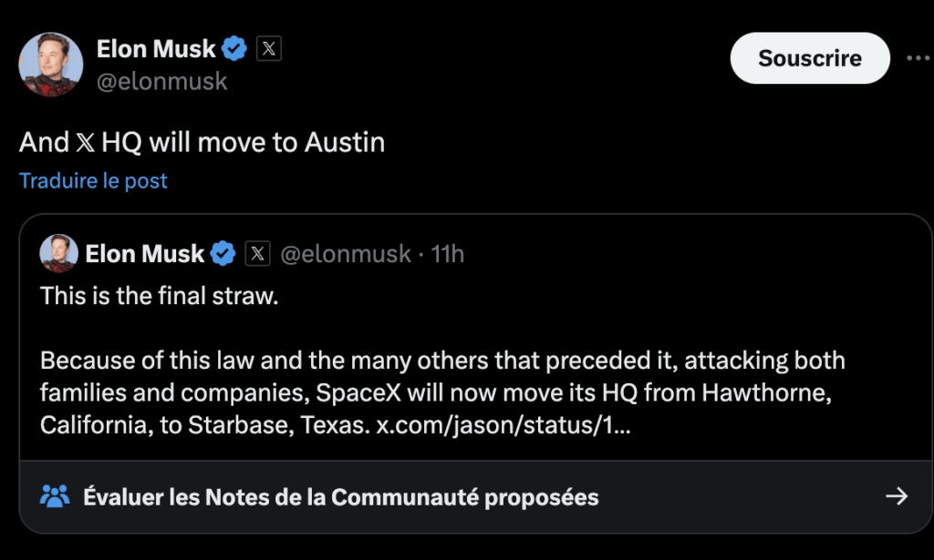 Sur Twitter, Elon Musk annonce les déménagements de X et SpaceX. Sur Twitter, Elon Musk annonce les déménagements de X et SpaceX.