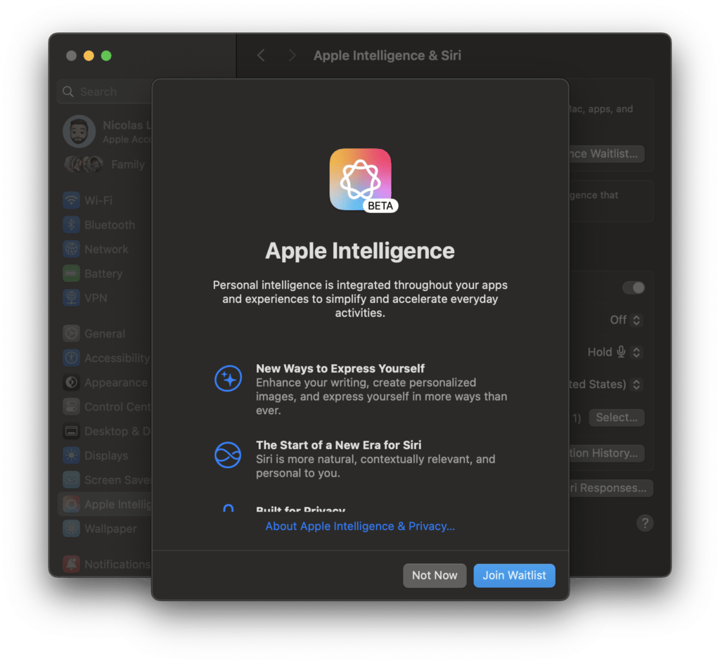 Pour activer Apple Intelligence, il faut rejoindre une liste d'attente. Pour activer Apple Intelligence, il faut rejoindre une liste d'attente.