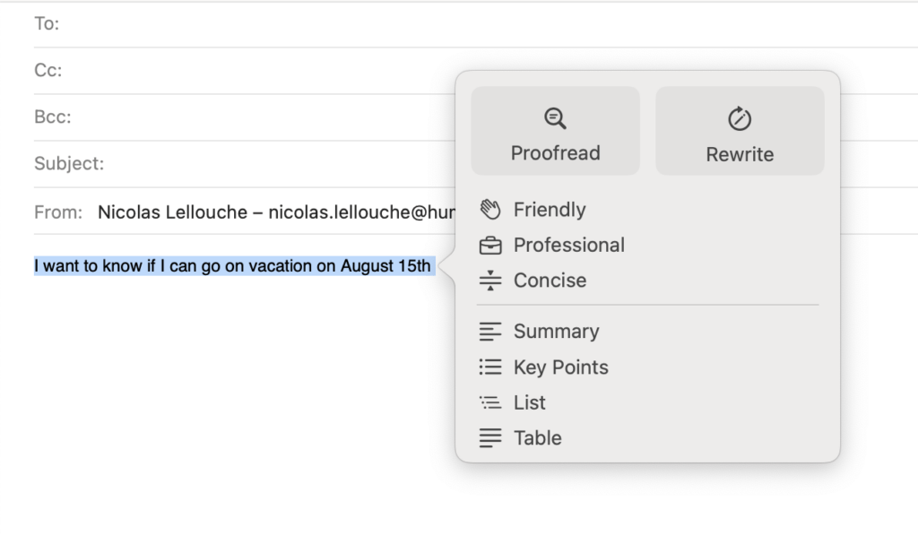 Les outils d'écriture d'Apple Intelligence. Les outils d'écriture d'Apple Intelligence.