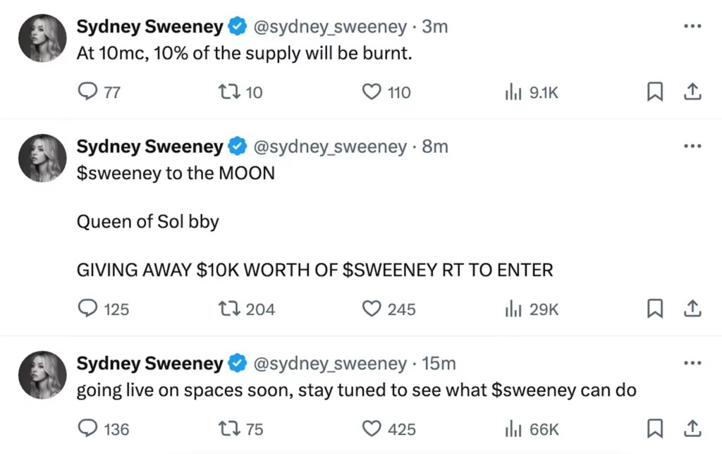 Le compte X de Sydney Sweeney a été piraté le 2 juillet // Source : X Le compte X de Sydney Sweeney a été piraté le 2 juillet // Source : X
