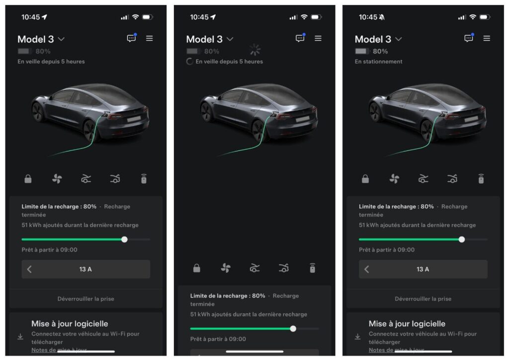 La nouvelle app de Tesla : le mode veille, le rafraîchissement de l'écran et la réponse de la voiture // Source : Captures d'écran Numerama La nouvelle app de Tesla : le mode veille, le rafraîchissement de l'écran et la réponse de la voiture // Source : Captures d'écran Numerama