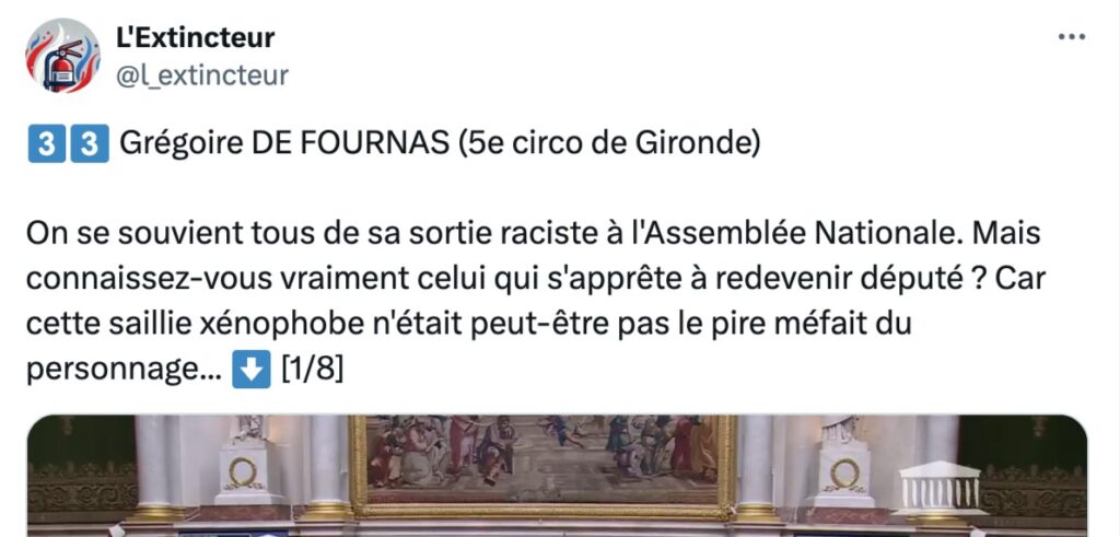 Exemple de candidat épinglé pour ses propos. // Source : Capture d'écran L'Extincteur Exemple de candidat épinglé pour ses propos. // Source : Capture d'écran L'Extincteur