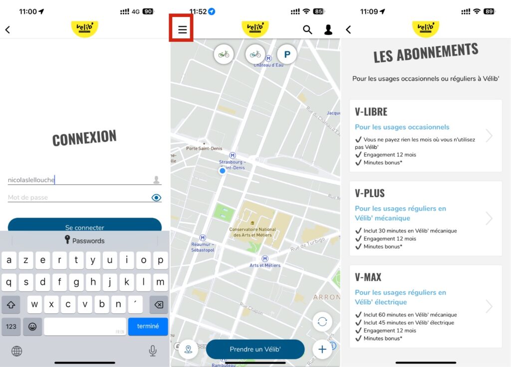 La souscription d'un abonnement dans l'app Vélib. La souscription d'un abonnement dans l'app Vélib.