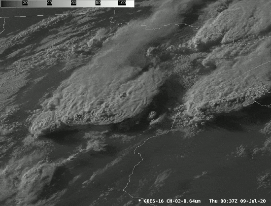 Le 8 juillet 2020, de sévères orages frappent les États-Unis. Images du satellite GOES-East, prises à intervalles de une minute. // Source : NOAA Le 8 juillet 2020, de sévères orages frappent les États-Unis. Images du satellite GOES-East, prises à intervalles de une minute. // Source : NOAA