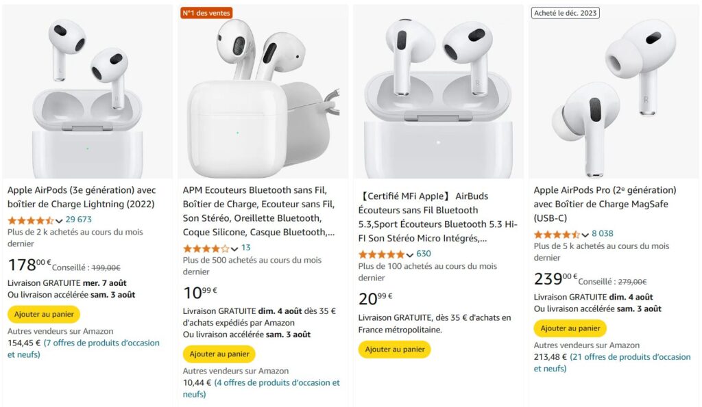 Exemple de faux AirPods repérés sur Amazon, côte à côte avec des orignaux Exemple de faux AirPods repérés sur Amazon, côte à côte avec des orignaux