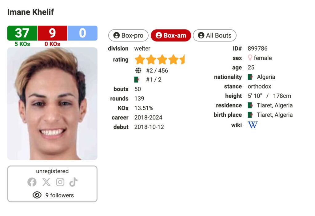 Les statistiques d'Imane Khelif. // Source : Boxrec Les statistiques d'Imane Khelif. // Source : Boxrec
