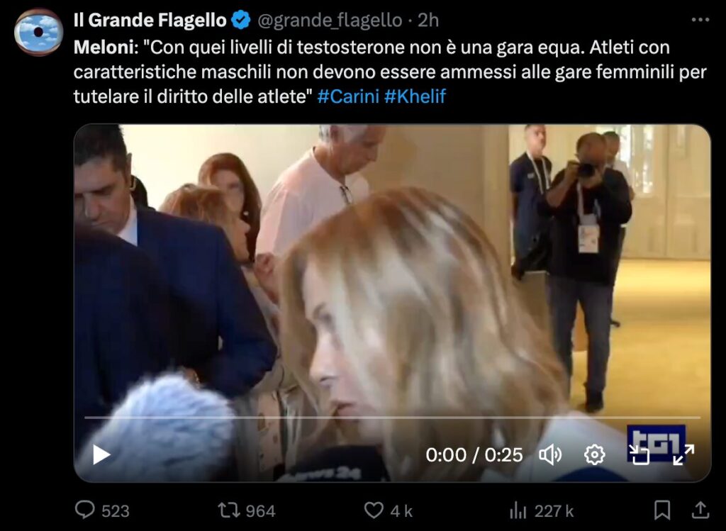La première ministre italienne Meloni a déclaré Avec de tels niveaux de testostérone, ce n'est pas une compétition équitable. // Source : X La première ministre italienne Meloni a déclaré Avec de tels niveaux de testostérone, ce n'est pas une compétition équitable. // Source : X
