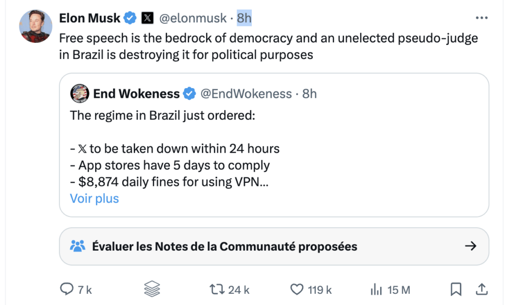 La réponse d'Elon Musk au Brésil // Source : Capture d'écran La réponse d'Elon Musk au Brésil // Source : Capture d'écran