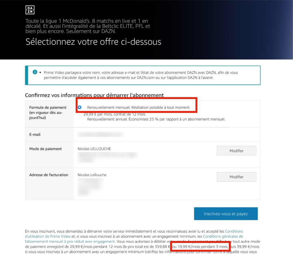 La page d'abonnement de DAZN mentionne bien une promotion à 19,99 euros par mois pendant trois mois. La page d'abonnement de DAZN mentionne bien une promotion à 19,99 euros par mois pendant trois mois.