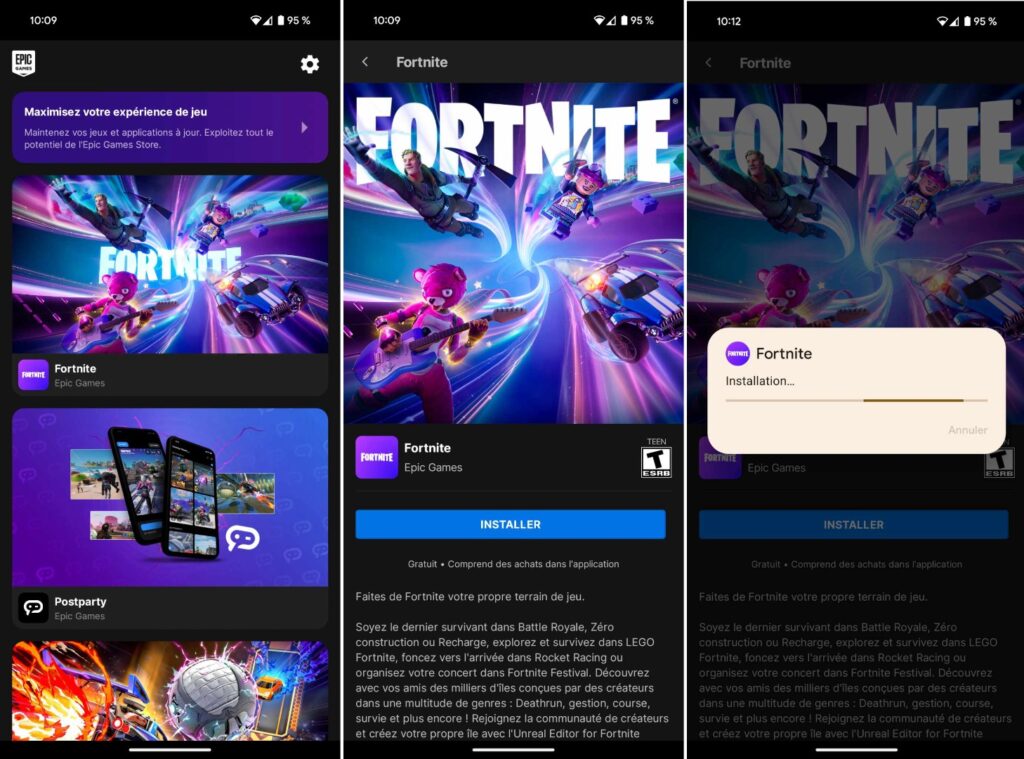 L'installation de Fortnite, sur Android, depuis l'Epic Games Store. L'installation de Fortnite, sur Android, depuis l'Epic Games Store.