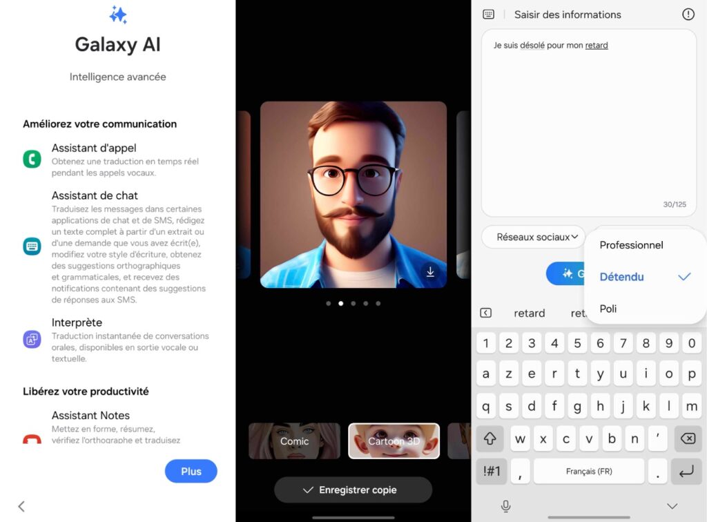 Galaxy AI peut générer des avatars en 3D et des messages écrits en français. Galaxy AI peut générer des avatars en 3D et des messages écrits en français.