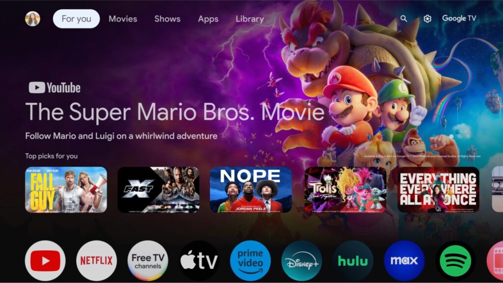 La page d'accueil de Google TV. Il s'agit d'une version maquillée d'Android TV avec une interface plus adaptée à une consommation télé. La page d'accueil de Google TV. Il s'agit d'une version maquillée d'Android TV avec une interface plus adaptée à une consommation télé.