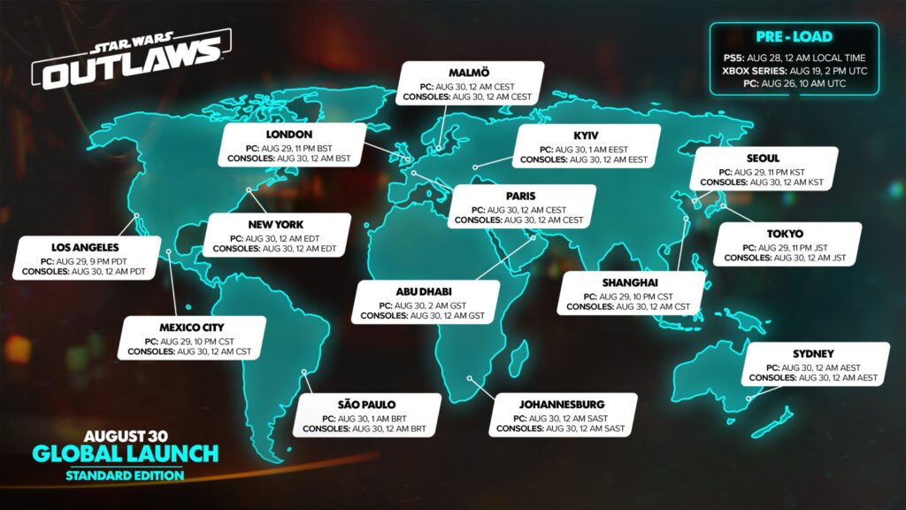 Heure de lancement de Star Wars Outlaws // Source : Ubisoft Heure de lancement de Star Wars Outlaws // Source : Ubisoft