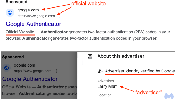 Des liens frauduleux sponsorisés par Google. // Source : MalwareBytes Des liens frauduleux sponsorisés par Google. // Source : MalwareBytes