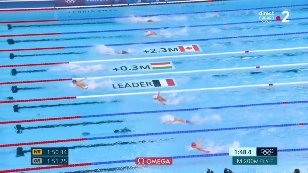 Épreuve du 200 m papillon. // Source : Capture YouTube france tv sports Épreuve du 200 m papillon. // Source : Capture YouTube france tv sports