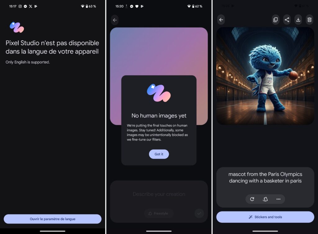 Google est très prudent avec son application Pixel Studio, dont le lancement est limité à l'anglais pour l'instant, sans génération d'humains. Google est très prudent avec son application Pixel Studio, dont le lancement est limité à l'anglais pour l'instant, sans génération d'humains.