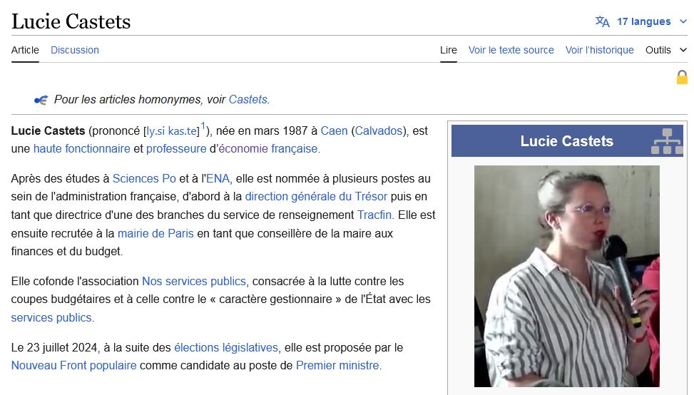 L'intro de la page Wikipédia de Lucie Castets le 30 juillet 2024. L'intro de la page Wikipédia de Lucie Castets le 30 juillet 2024.