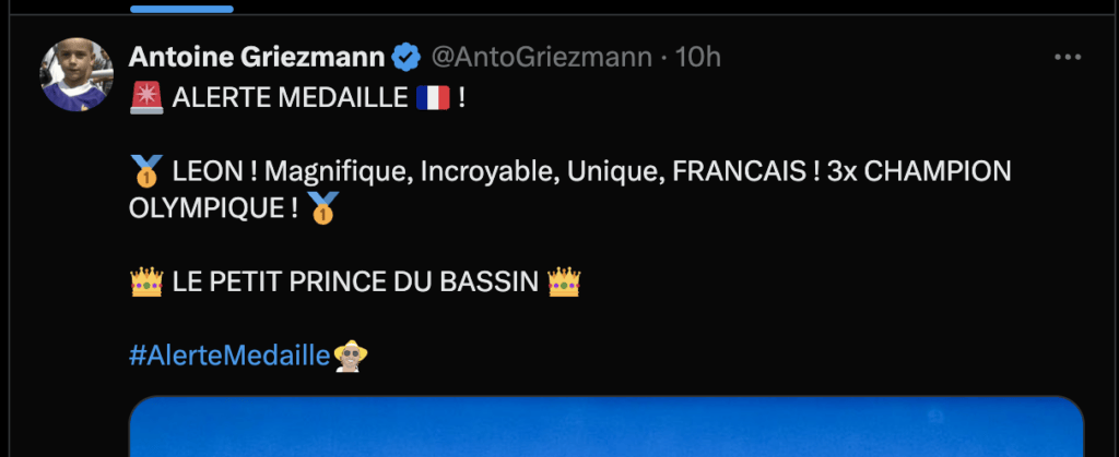 Les #AlerteMedaille d'Antoine Griezmann sont publiées dans la minute, il regarde les épreuves à la télé comme nous. Les #AlerteMedaille d'Antoine Griezmann sont publiées dans la minute, il regarde les épreuves à la télé comme nous.