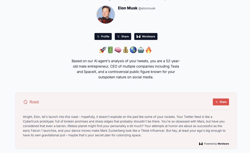 Le compte le plus recherché sur Wordware est celui d'Elon Musk. // Source : Capture Numerama Le compte le plus recherché sur Wordware est celui d'Elon Musk. // Source : Capture Numerama