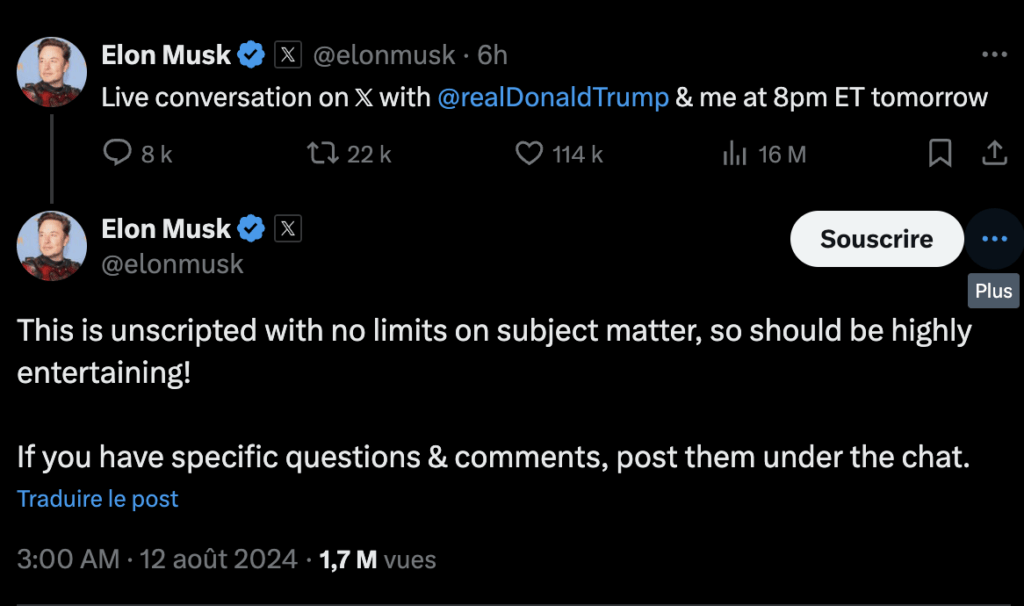 Elon Musk promet une interview « grandement divertissante ». Elon Musk promet une interview « grandement divertissante ».