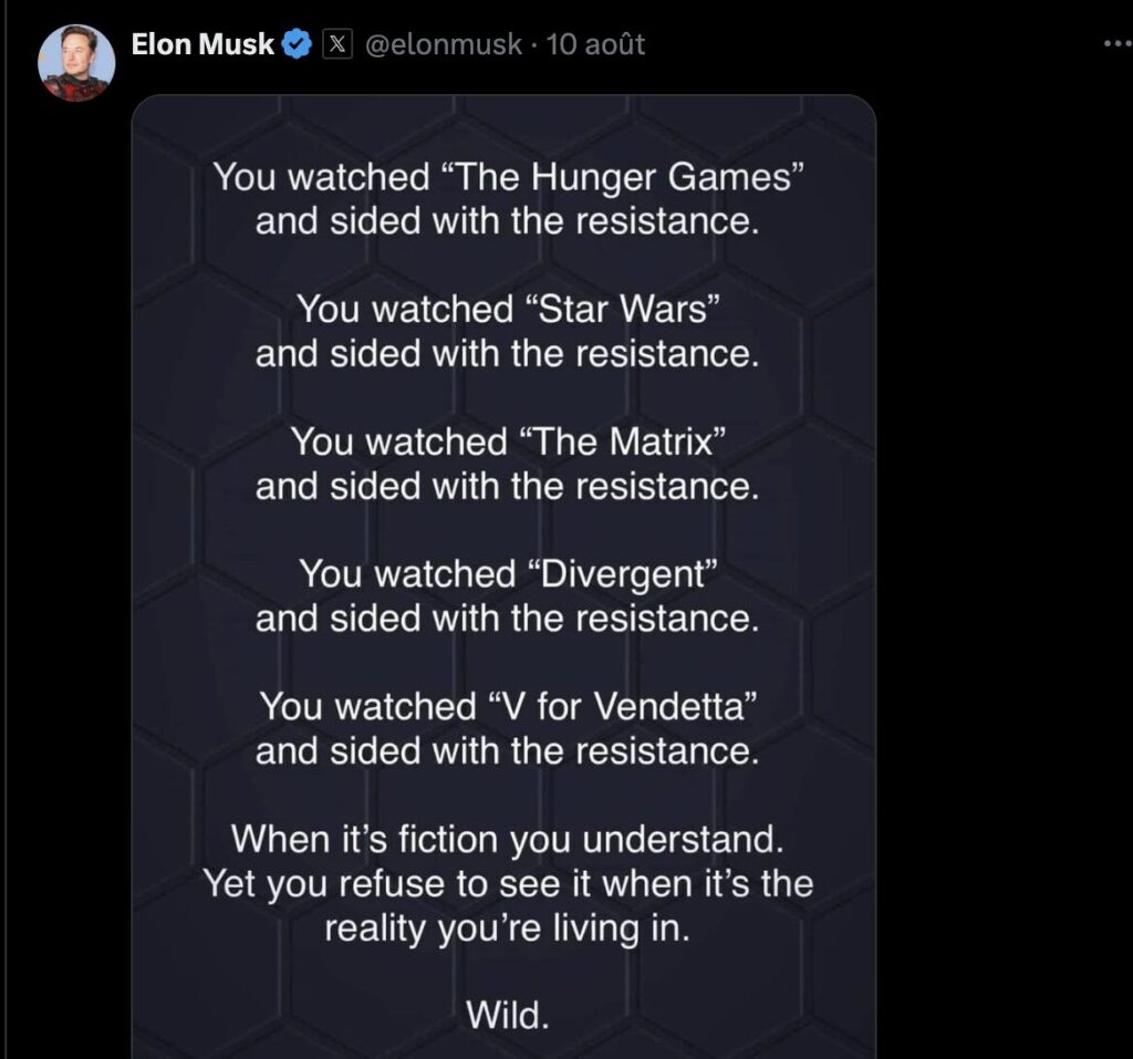 Elon Musk pense que Donald Trump est la résistance dans un pays attaqué par une idéologie dangereuse. Elon Musk pense que Donald Trump est la résistance dans un pays attaqué par une idéologie dangereuse.