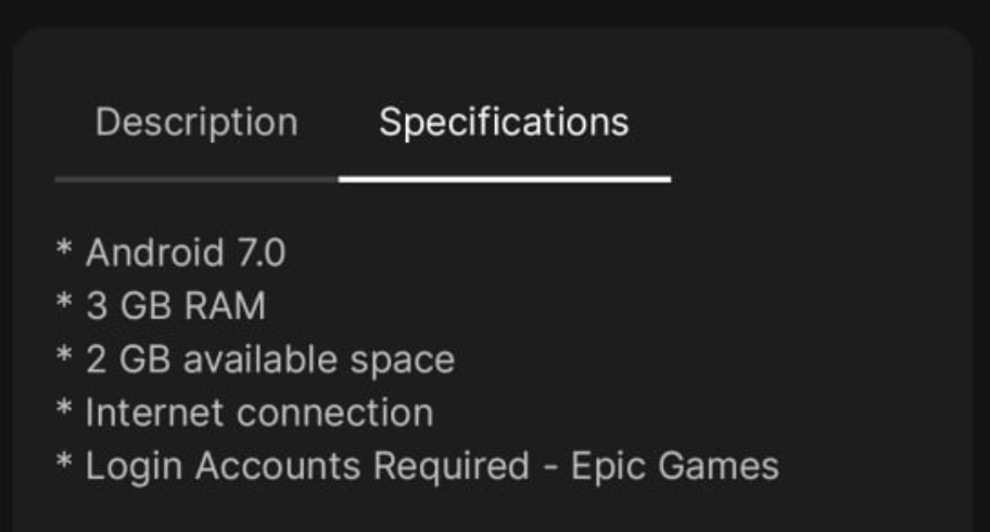 Les caractéristiques demandées par Fall Guys Mobile sur l'Epic Games Store. Les caractéristiques demandées par Fall Guys Mobile sur l'Epic Games Store.