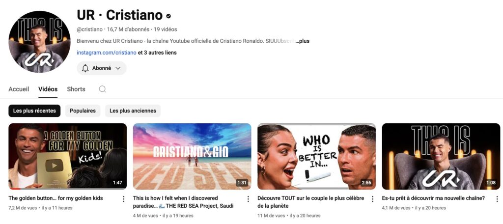 La chaîne YouTube de CR7. La chaîne YouTube de CR7.