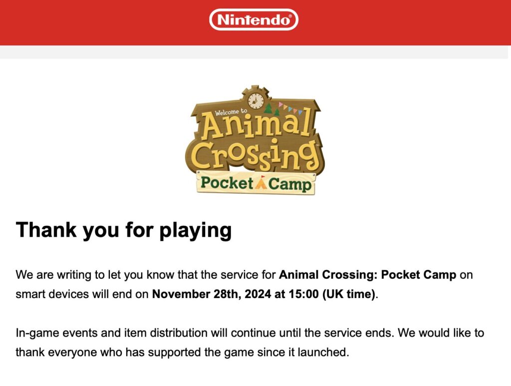 Le mail envoyé par Nintendo aux joueurs d'Animal Crossing Pocket Camp. Le mail envoyé par Nintendo aux joueurs d'Animal Crossing Pocket Camp.