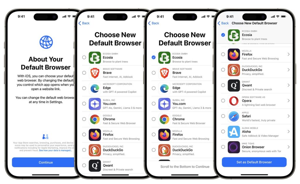 L'UE a imposé un changement à la première ouverture de Safari, pour inciter les utilisateurs à choisir un autre navigateur par défaut sans avoir à lire des informations sur le navigateur. L'UE a imposé un changement à la première ouverture de Safari, pour inciter les utilisateurs à choisir un autre navigateur par défaut sans avoir à lire des informations sur le navigateur.