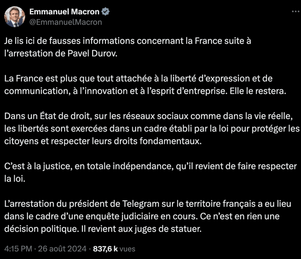 Le tweet d'Emmanuel Macron sur Pavel Durov. Le tweet d'Emmanuel Macron sur Pavel Durov.